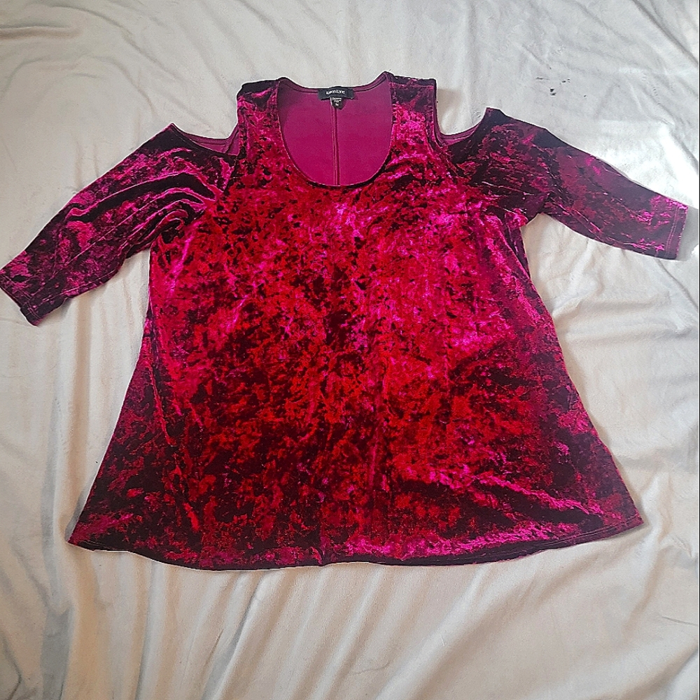 Burgandy velveteen shirt.